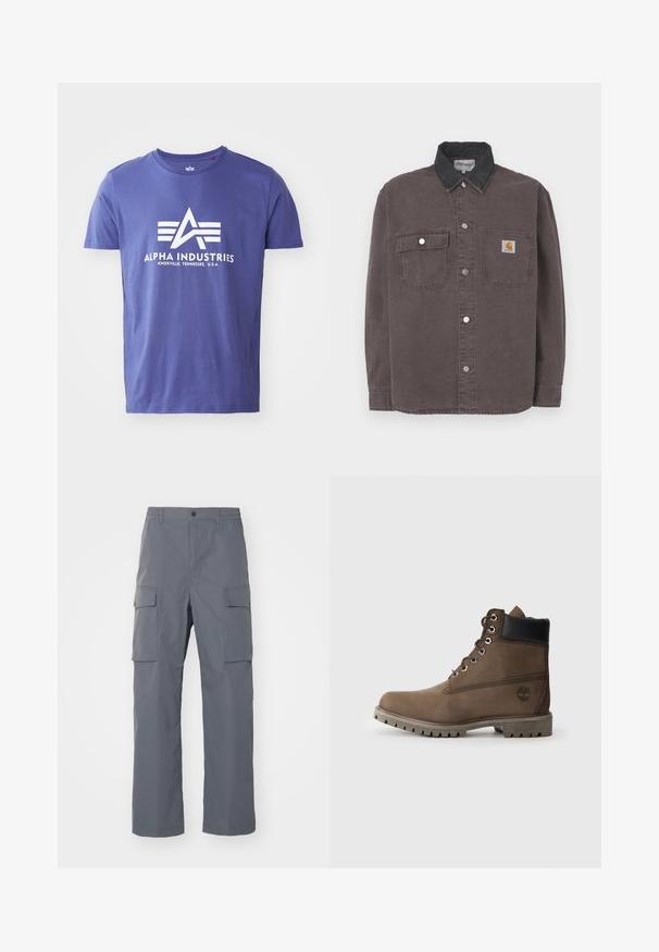 Chemise à manches longues en coton gris foncé avec un col en denim noir. Comprend deux poches poitrine et des boutons-pression argentés. Logo Carhartt sur la poche.; T-shirt en coton violet à manches courtes, comportant un logo blanc incluant "ALPHA INDUSTRIES" et un design géométrique.; Pantalons cargo gris en tissu résistant. Les caractéristiques incluent une taille élastique, deux grandes poches latérales et une coupe droite.; Bottines en cuir marron avec un col noir, œillets en métal et semelle grise robuste. Comprend un logo sur le côté et des détails cousus.