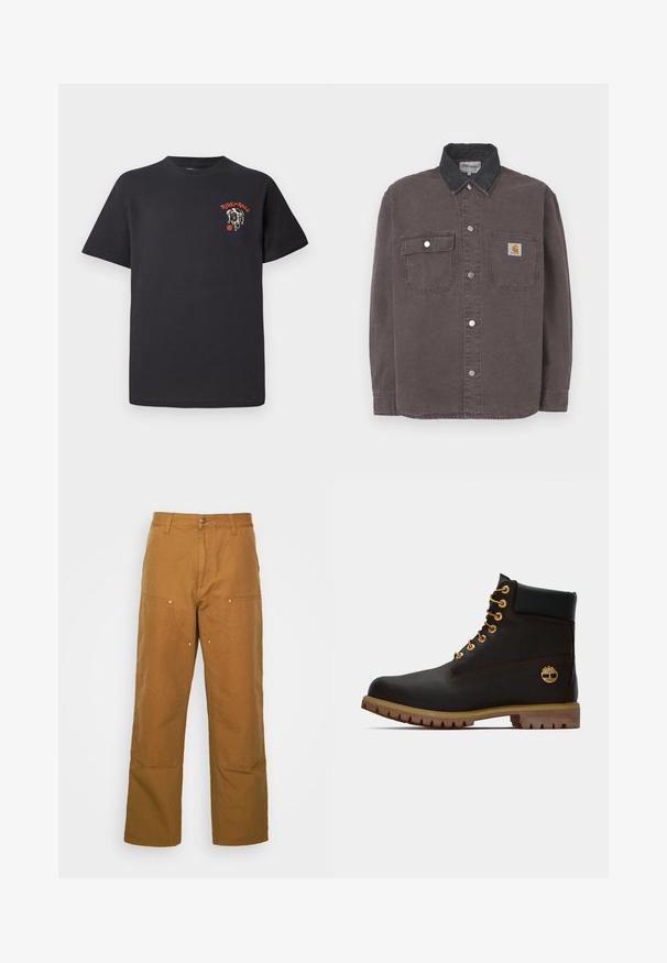 Langärmeliges Hemd aus dunkelgrauer Baumwolle mit einem schwarzen Denim-Kragen. Verfügt über zwei Brusttaschen und silberne Druckknöpfe. Carhartt-Logo auf der Tasche.; Schwarzes Baumwoll-T-Shirt mit rundem Ausschnitt, kurzen Ärmeln und einem grafischen Design eines Hundegesichts mit roten Akzenten auf der Brust.; Braune Baumwoll-Arbeitshosen mit geradem Bein, die über Vordertaschen und Metallakzente für zusätzliche Strapazierfähigkeit verfügen.; Schwarze Leder-Ankle-Boots mit goldenen Ösen, braunen Akzenten und einer Gummisohle. Verfügt über einen gepolsterten Schaft und ein geprägtes Logo an der Seite.