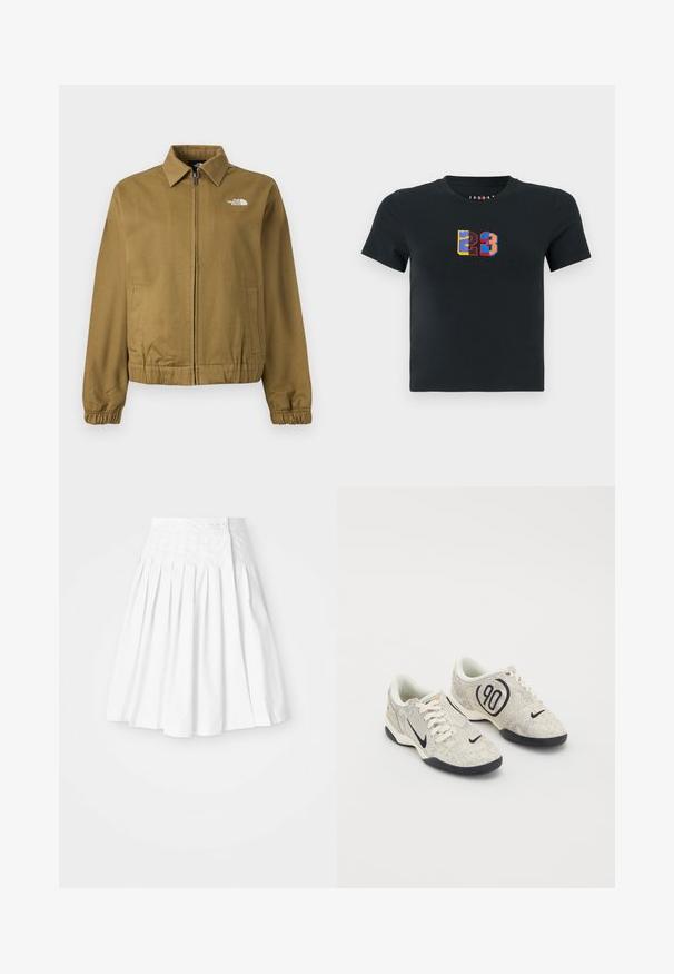 Ruskea vetoketjullinen takki, jossa kaulus, joustavat hihansuut, kaksi sivutaskua ja valkoinen The North Face -logo rinnassa.; Musta lyhythihainen crop-top paita, jossa on värikkäät ommellut numerot "23" sinisellä, punaisella, keltaisella ja mustalla rinnassa.; Valkoinen poimukkahame, jossa on istuva vyötärönauha, sivussa napitus ja sileä, napakka tekstuuri.; Nike lenkkarit, joissa on beigen ja harmaan sävyinen teksturoitu päällinen, mustia yksityiskohtia, suuri "90" logo ja valkoinen nauhakiinnitys. Musta pohja.