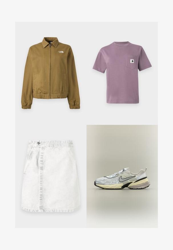 Chaqueta marrón con cremallera y cuello, puños elásticos, dos bolsillos laterales y el logo blanco de The North Face en el pecho.; Camiseta de algodón lila con cuello redondo, mangas cortas y un bolsillo en el pecho izquierdo que presenta una etiqueta con logo. Textura suave, corte casual.; Falda de mezclilla en gris claro. Diseño en línea A con bolsillos frontales, una costura visible en el centro y un solo botón metálico en la cinturilla.; Zapatilla Nike blanca y gris con parte superior de malla, logo swoosh negro, entresuela beige y suela negra sobre un fondo claro.