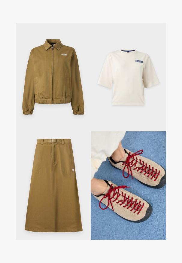 Veste zippée marron avec col, poignets élastiques, deux poches latérales et logo The North Face blanc sur la poitrine.; T-shirt blanc à manches courtes avec un petit logo bleu The North Face sur la partie supérieure gauche de la poitrine.; Jupe longue extérieure beige avec poches avant, ceinture intégrée et logo The North Face sur le côté droit.; Des chaussures beiges avec des lacets rouges, posées sur une surface bleue texturée, révèlent partiellement la cheville d'une personne. Les chaussures ont un design sportif.