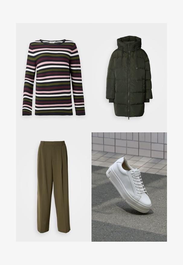 Veste rembourrée vert foncé avec capuche, dotée d'une fermeture éclair, de poignets élastiques et de deux poches verticales à l'avant. Matériau lisse et léger.; Pull à manches longues rayé en marine, bordeaux, vert, rose et blanc. Texture côtelée avec un col rond et des manches ajustées.; Pantalons à jambes larges vert olive en tissu lisse, dotés d'une taille haute, de plis sur le devant et de poches latérales pour plus de fonctionnalité.; Baskets blanches en cuir avec un design bas, lacets plats, bout arrondi et côtés texturés. Semelle en caoutchouc épaisse avec des accents subtils.
