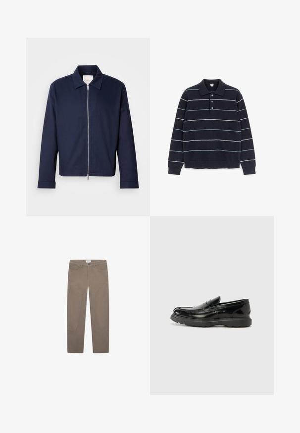 Marineblå jakke lavet af glat stof, med lynlås, spids krave og lange ærmer. Minimalistisk design uden synlige mønstre.; ARKET Striktrøje - dark blue; Brune bukser med lige snit, der har forlommer og accentuerende syninger langs siderne for ekstra detaljer og tekstur.; Sort læderloafer med en blank finish, rund tå, subtile syninger og en tyk gummisål for holdbarhed.