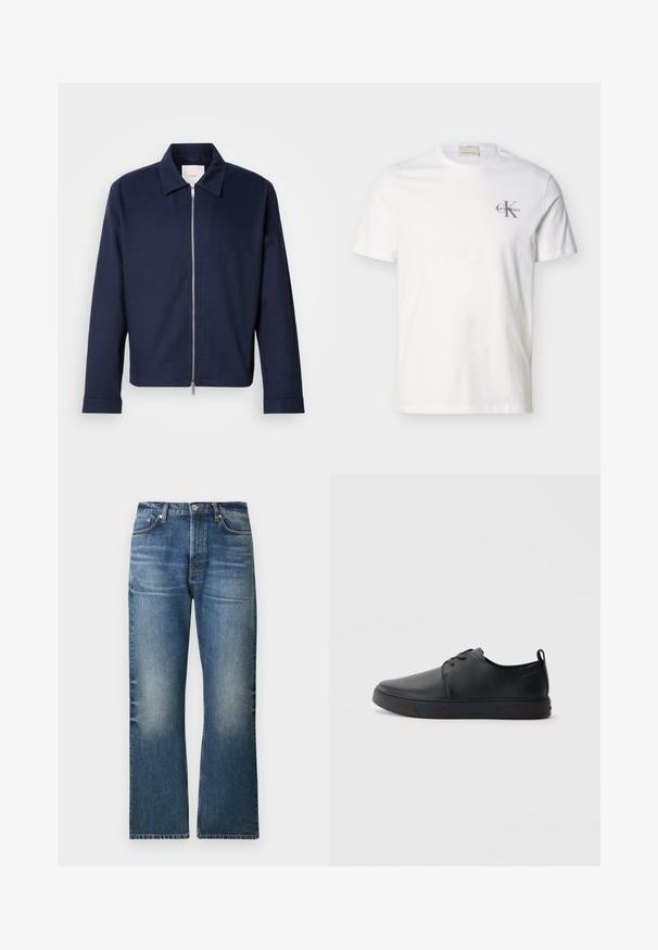 Veste bleu marine en tissu lisse, dotée d'une fermeture éclair, d'un col pointu et de manches longues. Design minimaliste sans motifs apparents.; T-shirt blanc en coton à manches courtes avec petit logo gris "Calvin Klein" sur la poitrine gauche, col rond et coupe régulière.; Jeans en denim bleu clair avec une coupe droite, présentant des zones délavées, cinq poches et une fermeture classique par bouton à la taille.; Baskets en cuir noir avec une finition lisse, bout arrondi, coutures ton sur ton, devant à lacets et semelle plate en caoutchouc. Anse au talon.