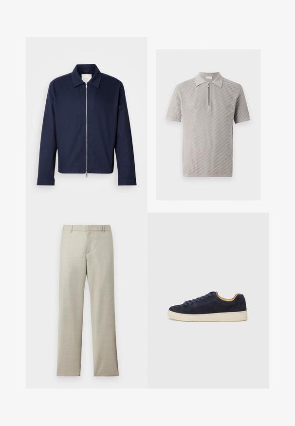 Veste bleu marine en tissu lisse, dotée d'une fermeture éclair, d'un col pointu et de manches longues. Design minimaliste sans motifs apparents.; Polo manches courtes gris clair avec motif tissé texturé et fermeture éclair frontale sous le col.; Pantalon droit couleur beige clair avec passants pour ceinture, fermeture éclair frontale et texture subtile sur fond blanc.; Baskets basses en suede bleu marine avec bout arrondi, semelle en caoutchouc blanc cassé et lacets assortis ; dotées d'une doublure intérieure contrastante couleur tan.