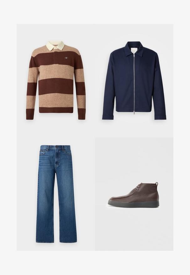 Chaqueta azul marino hecha de tela suave, con cierre de cremallera, cuello puntiagudo y mangas largas. Diseño minimalista sin patrones visibles.; Camisa de rugby de manga larga con amplias rayas horizontales en marrón y beige y un cuello color crema, con un pequeño logo bordado en el pecho.; Vaqueros azules de tiro alto y pierna recta con botón y cremallera delanteros, cinco bolsillos y un pequeño parche de marca en el bolsillo derecho.; Botas de cuero marrón hasta el tobillo con una superficie texturizada, punta redondeada suave y suela de goma gris, que presentan dos ojales para los cordones.