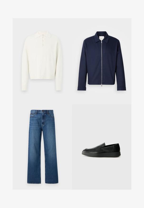 Marineblå jakke lavet af glat stof, med lynlås, spids krave og lange ærmer. Minimalistisk design uden synlige mønstre.; Hvid pullover sweater med krave, tre knapper foran og ribbede manchetter og kant. Blødt, struktureret stof med en afslappet pasform.; Blå, højtaljede, straight-fit jeans med knapper og lynlås foran, fem lommer og en lille mærket patch på højre lomme.; Calvin Klein HYBRID CUP - Loafers - triple black
