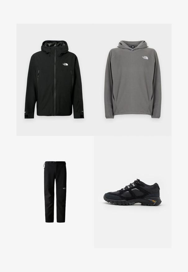 Zwarte hoodie met rits aan de voorkant, twee ritszakken aan de zijkanten, verstelbare manchetten en een logo op de borst. Gladde textuur en waterdicht materiaal.; Grijze fleece hoodie met een voorzak, verstelbare capuchon met trekkoord en een klein wit logo op de linkerborst.; Zwarte outdoorbroek met een strak ontwerp, gemaakt van een duurzame, lichtgewicht stof. Voorzien van een riem, zijzakken en een logo op de dij.; Zwarte buitenschoen van suede en mesh met een robuuste zool. Voorzien van grijze accenten en Vibram-logo op de zijkant. Vetersluiting.