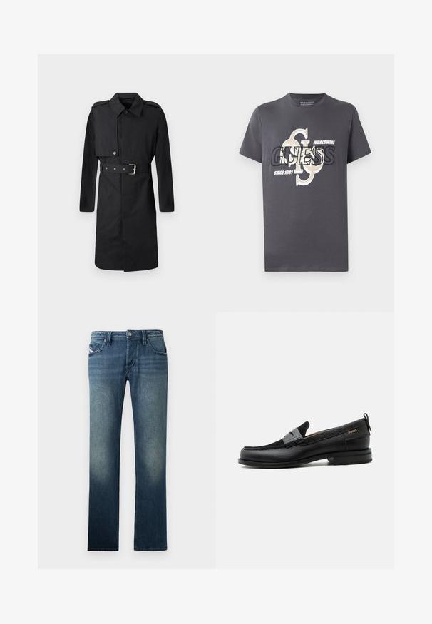 Sort knælang trenchcoat med bælte, knaplukning ved højre brystlomme og skulderepauleter, præsenteret mod hvid baggrund.; Grå bomulds T-shirt med korte ærmer, der har et stort grafisk print i sort og beige, inklusive teksten "GUESS," "WORLDWIDE," og "SINCE 1981."; Dongeribukser i mørkeblue med en klassisk lige ben-pasform. Har fem lommer og subtil bleget effekt for ekstra tekstur. Knapper og syninger er synlige.; Sort læderloafer med grå remdetalje, lav hæl og tekstureret sål, mærket med "HUGO" i guld på siden.