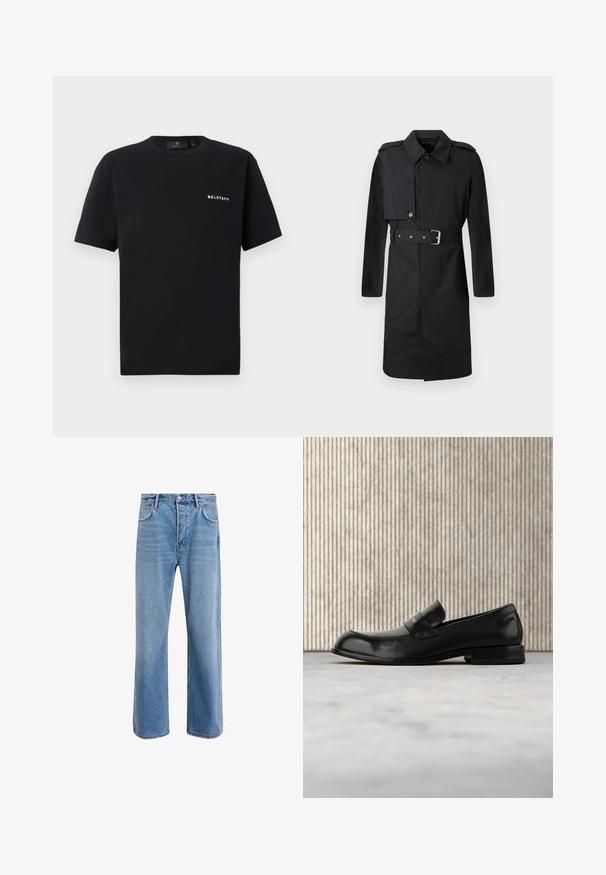 Sort knælang trenchcoat med bælte, knaplukning ved højre brystlomme og skulderepauleter, præsenteret mod hvid baggrund.; Sort kortærmet T-shirt med rund halsudskæring og lille hvid "BELSTAFF" logo på venstre bryst mod en ensfarvet baggrund.; Lyseblå denim jeans med lige ben-design, fem lommer, knaplukning, minimal falming og kontraststingdetaljer.; Sort læderloafer med metalaccent, vist svævende over et beige tæppe, med et rundt, ravfarvet bord i baggrunden.