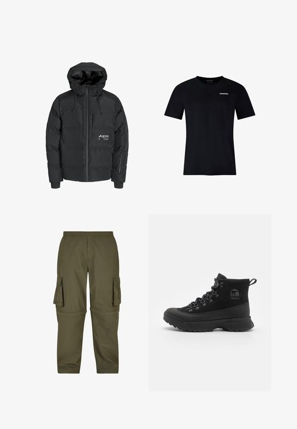 Sort polstret jakke med hætte, der har en frontlynlås, sidelommer, elastiske manchetter og et hvidt logo på brystet. Glat tekstur.; Sort T-shirt med korte ærmer og rund hals, med lille hvid "Rossignol"-logo på venstre bryst.; Olivengrøn cargo-bukser lavet af letvægtsstof, med flere sidelommer, elastisk talje og lige pasform.; Sort vandtætte vandrestøvler lavet af ruskind og gummi. Funktioner inkluderer et højt design, fremspringende snørebånd og en struktureret sål.
