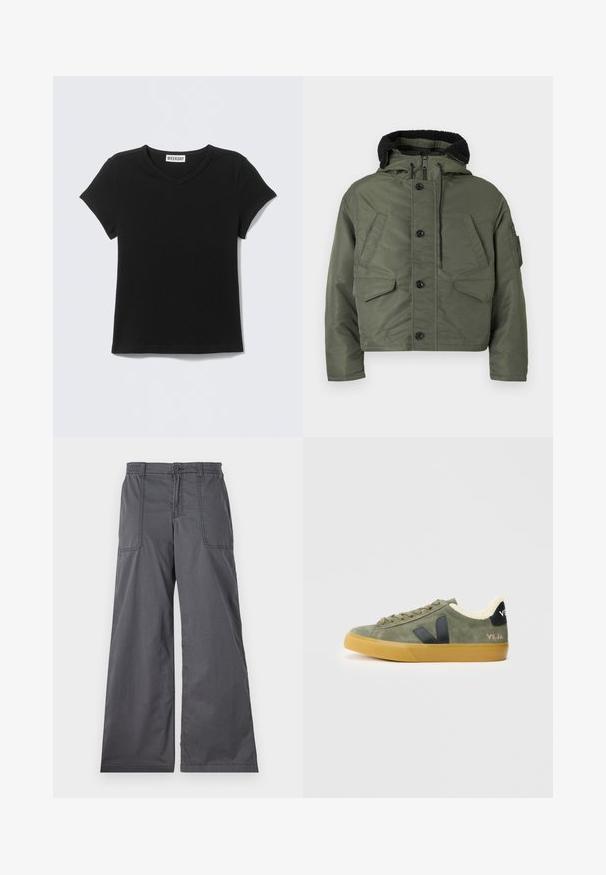 Veste matelassée verte avec capuche, dotée d'un doublure en polaire noire, de multiples poches avant et d'une fermeture à boutons sur le devant. Texture douce et lisse.; T-shirt noir à manches courtes et col en V avec l'étiquette "WEEKDAY" sur le col, posé à plat sur un fond gris clair.; Pantalons gris à jambes larges avec une texture lisse, dotés de poches avant, d'une fermeture par bouton et de détails cousus le long des coutures.; Baskets en daim vert avec un col doublé en crème, des accents de logo noirs et une semelle en caoutchouc gomme. Présente des lacets ronds et un design bas.