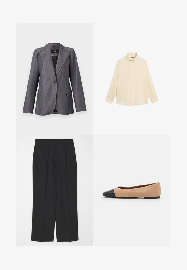 Grå blazer med en knap, skåret revers, to forlommer med klap og kontrasterende orange syninger, vist på en neutral baggrund.; Langærmet cremefarvet bluse med høj krave og dobbelte knaprækker ned foran, lagt fladt på en hvid baggrund.; Mørkegrå skræddersyede bukser med lige ben, der har en enkelt knaplukning og to for-pliéer, glat tekstur og ingen pynt.; Beige ruskind balletflade med en sort læder rund tåkap, lav hæl og glat tekstur, der har minimal syning og et enkelt design.