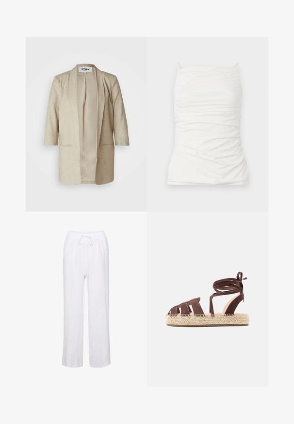Blazer beige abierto hecho de tejido texturizado, con dos bolsillos frontales, un ajuste relajado y un forro interior liso. Sin botones ni cierre.; Top blanco sin mangas hecho de una tela suave, que presenta una silueta ajustada con detalles fruncidos y tirantes ajustables.; Pantalones de lino blancos con un ajuste relajado, que cuentan con una cintura elástica y cordones, y piernas rectas. Textura suave, tejido ligero.; Sandalia espadrille de ante marrón con tiras para atar al tobillo y suela plataforma de yute trenzado sobre fondo blanco.
