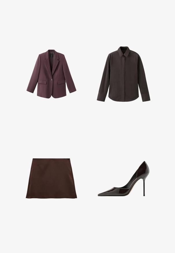 Blazer prune foncé à un bouton avec deux poches à rabat à l'avant et un col cranté, présenté sur un fond blanc.; Chemise marron à manches longues avec un col pointu, une fermeture à boutons sur le devant et une poche poitrine unique. Tissu lisse et coupe décontractée.; Jupe en A marron en tissu doux, présentant une texture lisse et une fermeture éclair latérale dissimulée.; Escarpin à talon aiguille en cuir verni noir, à bout pointu, présentant une finition lisse et brillante avec un talon fin.