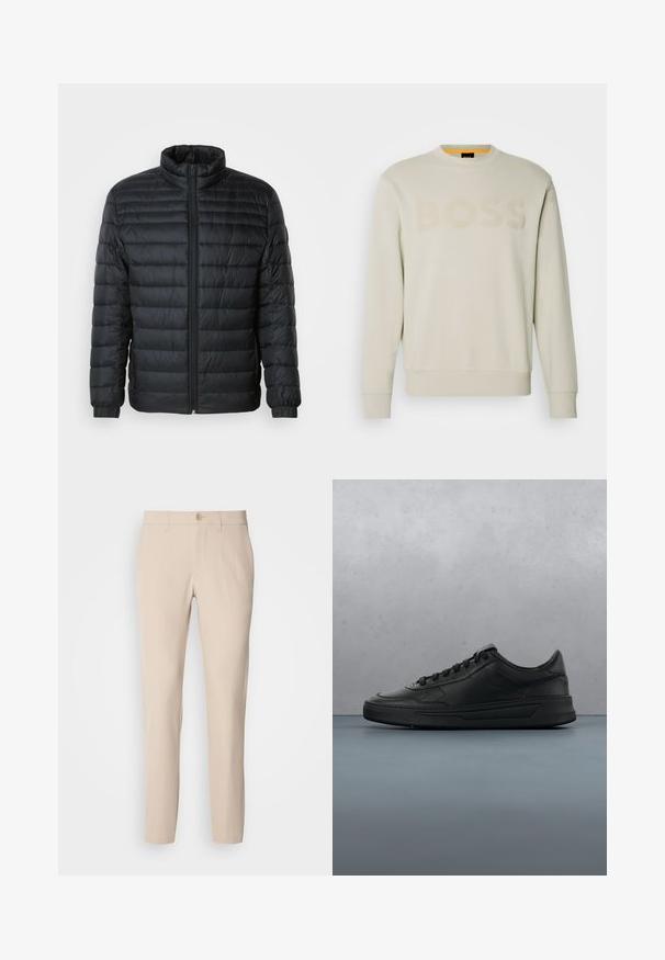 Schwarze gesteppte Pufferjacke mit Stehkragen, durchgehendem Reißverschluss und elastischen Manschetten an langen Ärmeln vor einem schlichten Hintergrund.; Cremefarbener Sweatshirt mit einem gerippten Rundhalsausschnitt, das ein farblich abgestimmtes "BOSS"-Logo auf der Vorderseite und gerippte Bündchen sowie Saum präsentiert.; Beige Hose aus weichem Stoff, mit Knopfverschluss, geradem Schnitt und seitlichen Taschen. Glatte Textur mit minimalen Nähdetails.; Schwarze Sneaker mit glattem Lederobermaterial, runder Zehenpartie, flachen Schnürsenkeln, gepolstertem Kragen und minimalistischem Design. Gummisohle mit subtiler Profilierung.
