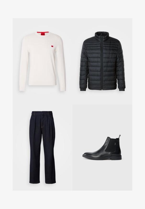 Chaqueta puffer acolchada negra con collar alto, cremallera frontal completa y puños elásticos en las mangas largas sobre un fondo liso.; Suéter de cuello redondo blanco con mangas largas, hecho de un tejido suave. Presenta un pequeño parche de logo rojo en el pecho y una etiqueta contrastante roja en el cuello.; Jeans de mezclilla de pierna ancha en un tono azul oscuro, con pliegues frontales y costuras naranjas, presentados sobre fondo blanco.; Botines Chelsea de cuero negro con paneles elásticos laterales, una pestaña para tirar y una suela de goma plana. Textura suave con un detalle mínimo.