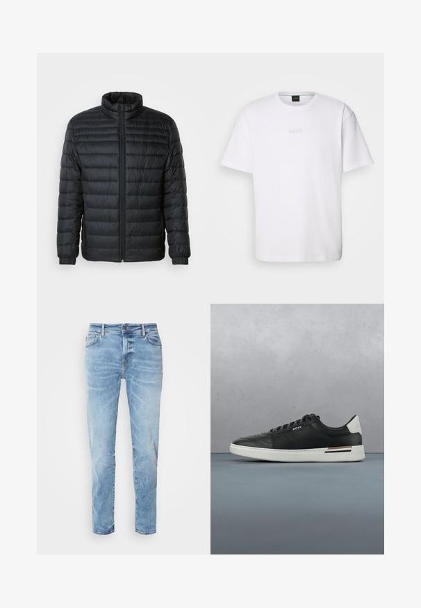 Sort quilted pufferjakke med høj krave, hel frontlynlås og elastiske manchetter på lange ærmer mod en ensfarvet baggrund.; Hvid bomulds T-shirt med korte ærmer, rund halsudskæring og præget "BOSS" logo på brystet. Glat tekstur, standard pasform.; Lyseblå denimjeans med lige ben, der har forlommer, en baglomme med lap og en falmet, slidt tekstur.; Sort lædersneaker med hvid sål, har perforeringer, snørebåndsdesign, logo på siden og kontrasterende hældetalje i hvid og brun.