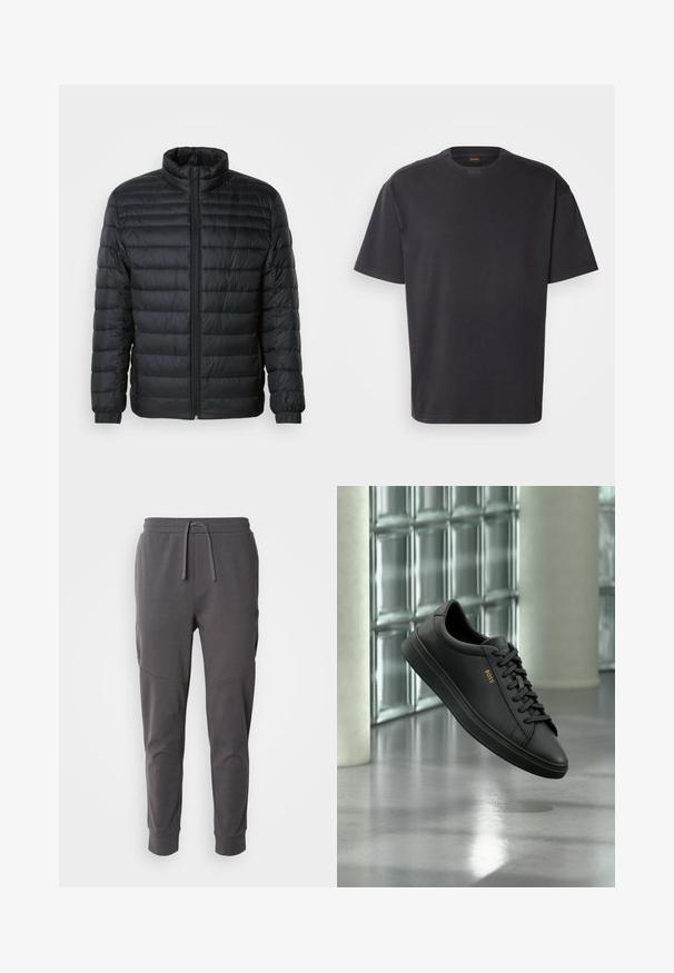 Sort quilted pufferjakke med høj krave, hel frontlynlås og elastiske manchetter på lange ærmer mod en ensfarvet baggrund.; Sort kortærmet T-shirt lavet af bomuld, med rund halsudskæring og subtil branding ved kraven. Glat tekstur med en afslappet pasform.; Grå joggebukser lavet af blød stof med snor i taljen, har sidelommer og et tapered ankel design.; Sort lavtopet lædersneaker med sorte snørebånd og gyldent BOSS-logo på siden, svævende over en blank grå gulv i et moderne indendørs rum.