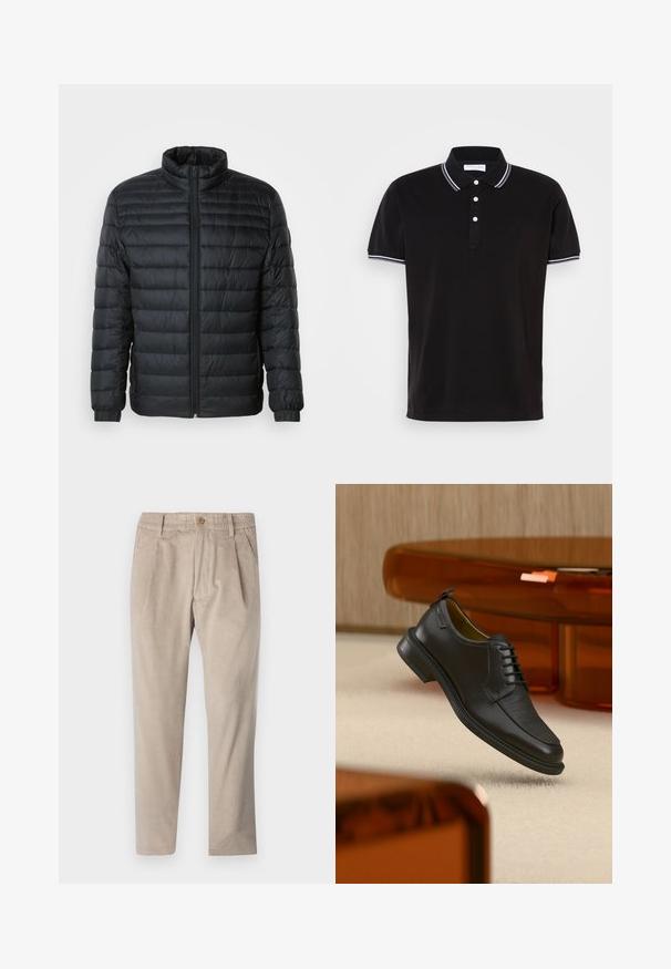 Sort quilted pufferjakke med høj krave, hel frontlynlås og elastiske manchetter på lange ærmer mod en ensfarvet baggrund.; Sort polo-shirt lavet af bomuld, med en tre-knaps lukning, hvid kant på kraven og ærmerne samt diskret logodetaljering.; Beige kordfløjspants med elastisk talje, knaplukning og plisseelementer, har et lige ben-design og struktureret stof.; Sort lædersko med snørebånd og tekstureret front, svævende over beige tæppe i et moderne rum med møbler i ravfarvet toning.