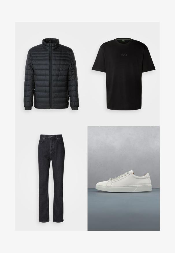 Sort quilted pufferjakke med høj krave, hel frontlynlås og elastiske manchetter på lange ærmer mod en ensfarvet baggrund.; Sort bomulds T-shirt med rund hals, korte ærmer og en diskret "BOSS" logo præget i midten. Simpelt, minimalistisk design.; Høj talje sorte denim jeans med knap- og lynlåsåbning, for- og baglommer samt lige ben.; Hvid lædersneaker med rund tå, minimalistisk design, grå snørebånd og en tekstureret grå gummisål. Subtile syningsdetaljer er synlige.