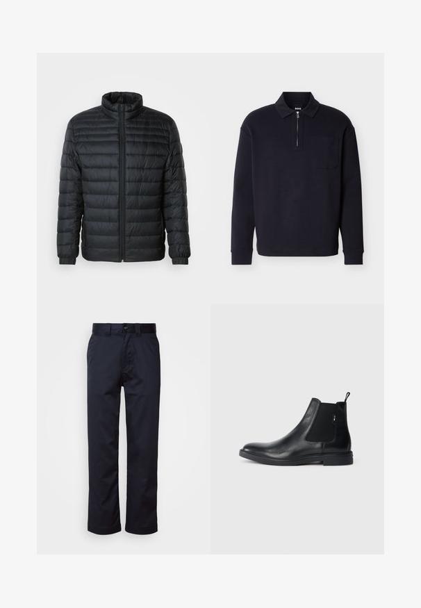 Schwarze gesteppte Pufferjacke mit Stehkragen, durchgehendem Reißverschluss und elastischen Manschetten an langen Ärmeln vor einem schlichten Hintergrund.; Schwarzes langärmliges Poloshirt aus weichem Stoff, mit einem Reißverschluss am Kragen, einer Brusttasche und einem klassischen Kragen.; Marineblaue Hosen aus glattem Stoff, mit geradem Bein, Gürtelschlaufen, Knopfverschluß und Fronttaschen.; Schwarze Leder Chelsea-Boots mit elastischen seitlichen Einsätzen, einer Zugschlaufe und einer flachen Gummisohle. Glatte Textur mit minimaler Ausgestaltung.