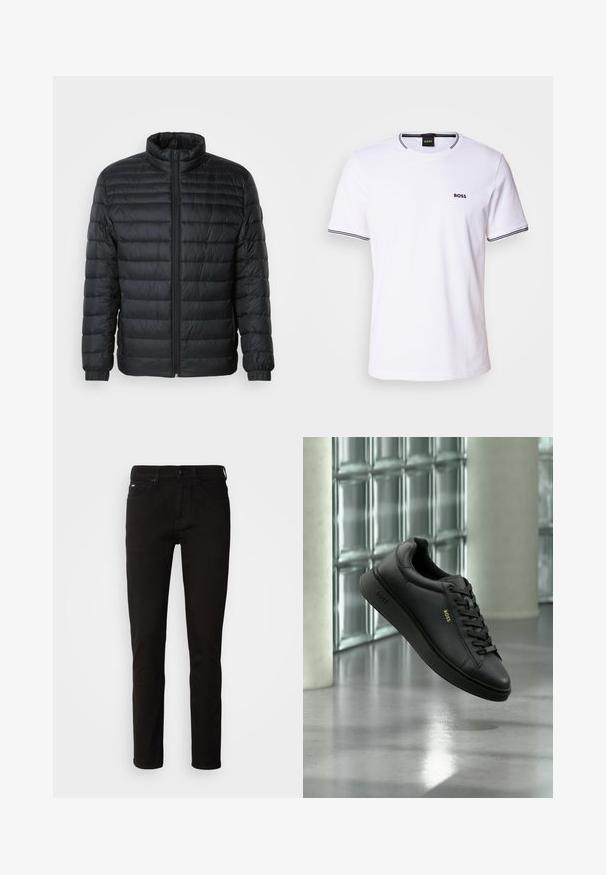 Sort quilted pufferjakke med høj krave, hel frontlynlås og elastiske manchetter på lange ærmer mod en ensfarvet baggrund.; Hvid bomulds t-shirt med korte ærmer, der har en rund halsudskæring og sorte striber på kraven og ærmeenderne. Lille "BOSS" logo på brystet.; Sorte denimjeans med lige ben, lynlås og fem lommer. Stoffet har en glat tekstur uden synlige mønstre.; Sort læder BOSS sneaker med snørebånd, der svæver indendørs foran en glasblokvæg og betongulv.