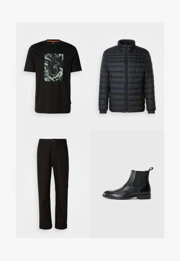 Doudoune noire matelassée avec col montant, fermeture éclair sur toute la longueur à l'avant et poignets élastiques sur les manches longues, sur fond uni.; T-shirt en coton noir avec un graphisme central d'un panthère entourée de feuilles, avec un col en chaîne et le texte "BOSS". Manches courtes.; Pantalon en coton noir avec une coupe droite, des passants de ceinture, une fermeture éclair à l'avant et un seul bouton. Texture lisse sans motifs visibles.; Bottine en cuir noir avec des panneaux latéraux élastiques, bout rond et tirette. Texture lisse, semelle plate, design minimaliste.