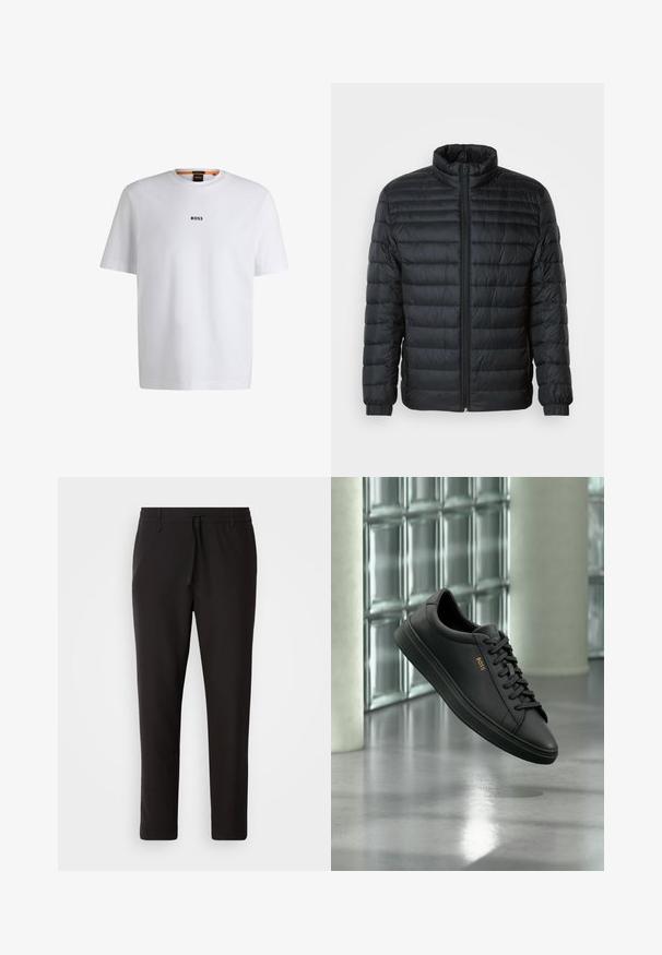 Schwarze gesteppte Pufferjacke mit Stehkragen, durchgehendem Reißverschluss und elastischen Manschetten an langen Ärmeln vor einem schlichten Hintergrund.; Weißes Baumwoll-T-Shirt mit kurzen Ärmeln, ausgestattet mit einem schwarzen "BOSS"-Logo, das mittig auf der Brust platziert ist, und einem runden Halsausschnitt.; Schwarze Jogginghose aus glattem Stoff. Mit einem elastischen Bund und Kordelzug, schmal zulaufenden Beinen und ohne sichtbare Taschen. Einfaches Design.; Schwarzer flacher Ledersneaker mit schwarzen Schnürsenkeln und goldenem BOSS-Logo an der Seite, schwebend über einem glänzenden grauen Boden in einem modernen Innenraum.