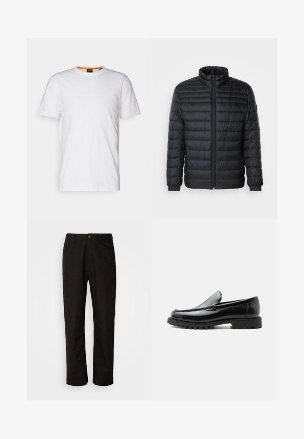 Sort quilted pufferjakke med høj krave, hel frontlynlås og elastiske manchetter på lange ærmer mod en ensfarvet baggrund.; Hvid bomulds T-shirt med rund hals, korte ærmer og et subtilt præget logo på brystet. Indvendigt mærke har en orange detalje.; Sorte bomuldsbukser med lige pasform, bæltestropper, lynlås foran og en enkelt knappelukning. Glat tekstur uden synlige mønstre.; Sort læderloafer med chunky gummisål, syet overdel og præget mærkenavn på hælen, vist i sideprofil på hvid baggrund.