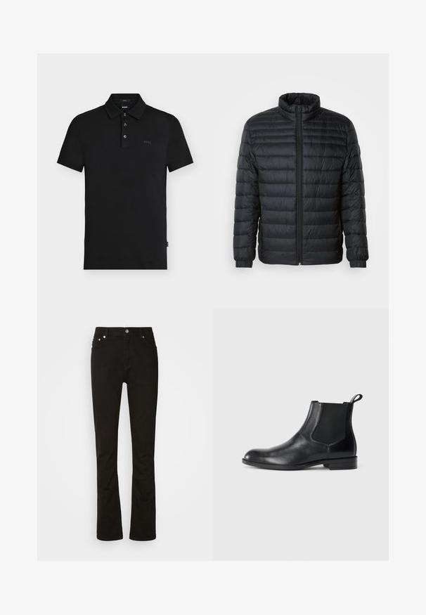 Chaqueta puffer acolchada negra con collar alto, cremallera frontal completa y puños elásticos en las mangas largas sobre un fondo liso.; Polo negro de corte ajustado con tres botones, mangas cortas y un sutil logotipo "BOSS" en el pecho y en el interior del cuello.; Jeans de denim negro con diseño de pierna recta, que cuentan con bolsillos frontales, una cremallera y acentos de hardware plateado. Textura suave, sin patrones.; Botín negro de cuero hasta el tobillo con paneles elásticos a los lados, punta redondeada y lengüeta. Textura suave, suela plana, diseño minimalista.