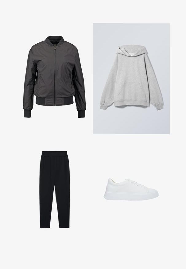 Schwarze Bomberjacke mit Reißverschluss vorne, gerippten Bündchen und Saum, glatter Textur und figurnahem Schnitt, mit seitlichen Taschen.; Hellgrauer Kapuzenpullover mit langen Ärmeln, Kängurutasche vorne, gerippten Bündchen und einem "Weekday"-Etikett innen im Kragen.; Schwarze Jogginghosen aus weichem Stoff, mit einem dehnbaren Bund, Seitentaschen und schmalen Beinen für eine taillierte Optik.; Weiße Leder-Sneaker mit runder Zehenpartie, flachen Schnürsenkeln und einer dicken Gummisohle. Glatte Oberfläche mit minimalen Nähdetails.