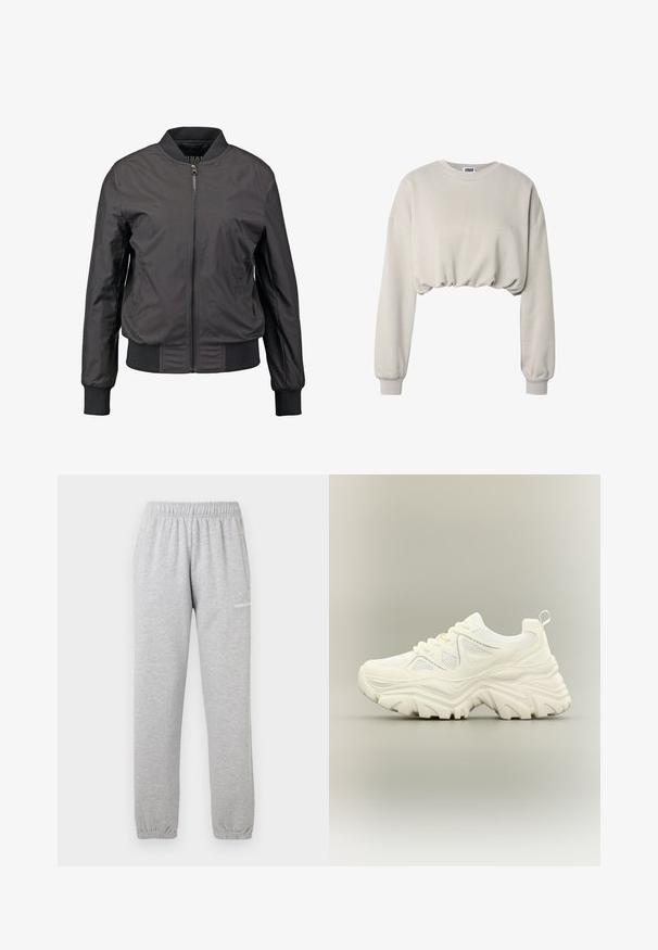 Schwarze Bomberjacke mit Reißverschluss vorne, gerippten Bündchen und Saum, glatter Textur und figurnahem Schnitt, mit seitlichen Taschen.; Hellbeiges, kurz geschnittenes Sweatshirt mit langen Ärmeln, gerippten Bündchen und einem gerafften Saum, von Urban Classics.; Graue Sweatpants aus weichem Material, mit einem elastischen Bund, Bündchen an den Knöcheln und einer Seitentasche. Logo auf dem linken Oberschenkel aufgedruckt.; Weißer klobiger Sneaker mit dicker strukturierter Sohle, Mesh-Einsätzen, Schnürung vorne und Zuglasche an der Ferse auf neutralem Hintergrund.