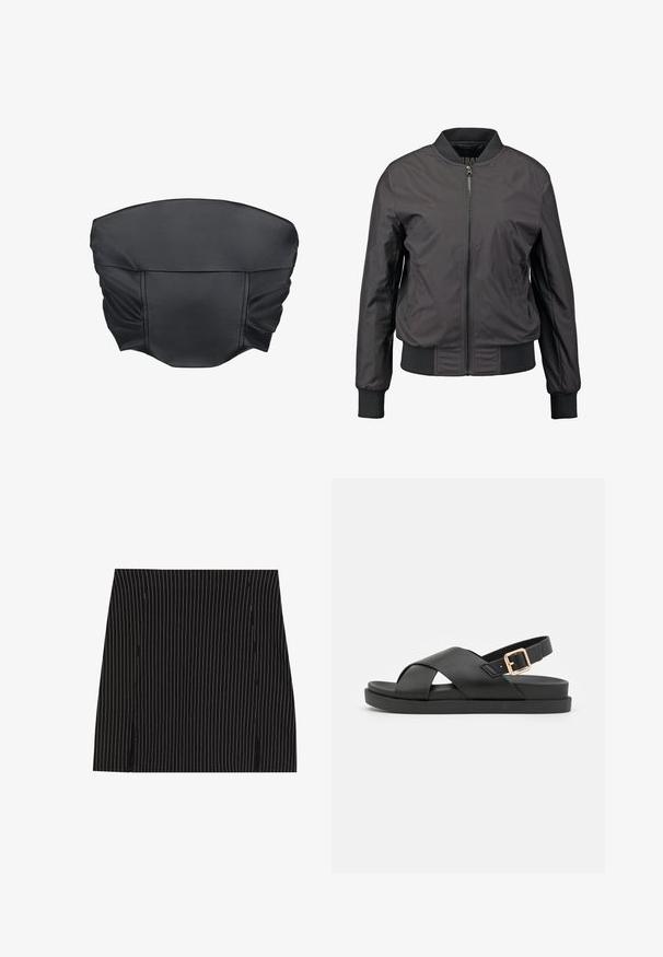 Zwarte bomberjack met een ritssluiting aan de voorkant, ribgebreide manchetten en zoom, een gladde textuur en een fitted silhouet, met zijzakken.; Zwarte nep leren cropped top met geplooide textuur en een gestructureerde vorm, met een gladde oppervlakte en minimale stikdetails.; Zwarte rok met verticale witte strepen, met een rechte snit en kleine zijsplitjes aan de zoom. Zachte textuur, op maat gemaakte pasvorm.; Zwarte slingback sandalen met gekruiste straps, gemaakt van gestructureerd materiaal. Voorzien van een platte zool en een gouden gespaccent op de hiel.