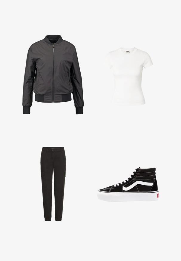 Chaqueta bomber negra con cierre delantero de cremallera, puños y dobladillo acanalados, textura suave y silueta ajustada, con bolsillos laterales.; Camiseta blanca ajustada de manga corta y cuello redondo con etiqueta Urban Classics en el interior del cuello.; Pantalones cargo negros de tela ligera, con cinturilla elástica, bolsillos laterales y un corte relajado.; Zapatillas altas negras con cordones blancos, un logo blanco y costuras en blanco que contrastan. Presentan una suela blanca gruesa y una parte superior de ante texturizado.