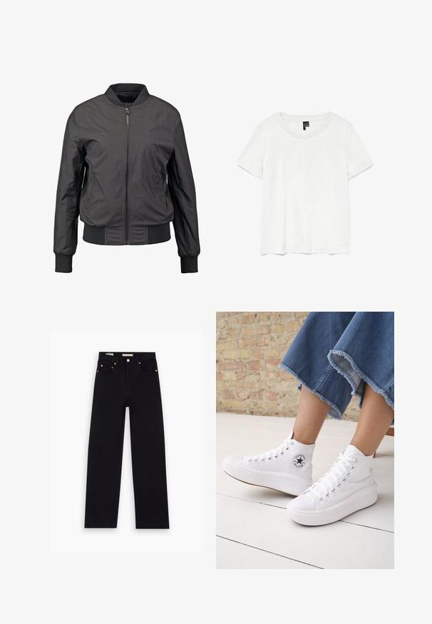 Zwarte bomberjack met een ritssluiting aan de voorkant, ribgebreide manchetten en zoom, een gladde textuur en een fitted silhouet, met zijzakken.; Witte t-shirt met korte mouwen en een ronde hals, gemaakt van lichte stof. Eenvoudig ontwerp, gladde textuur en rechte zoom.; Zwarte denim jeans met een recht model, vijf zakken, koperen hardware en een gladde textuur. Twee labels zichtbaar op de tailleband.; Persoon draagt witte hoge Converse-sneakers met dikke zolen en korte jeans met rafelige zoom tegen een bakstenen muur en witte vloer.