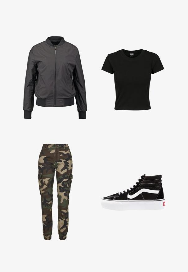 Schwarze Bomberjacke mit Reißverschluss vorne, gerippten Bündchen und Saum, glatter Textur und figurnahem Schnitt, mit seitlichen Taschen.; Schwarzes Kurzarm-T-Shirt aus glattem Baumwollmaterial mit rundem Halsausschnitt und taillierter Form. Keine sichtbaren Muster oder Akzente.; Camo- Cargo-Hosen in Grüntönen, Braun und Schwarz; mit elastischen Bündchen, Seitentaschen und einem sicheren Knopfverschluss.; Schwarze High-Top-Sneaker mit weißen Schnürsenkeln, einem weißen Logo und kontrastierendem weißen Nähten. Verfügt über eine dicke weiße Sohle und ein strukturiertes Wildleder-Obermaterial.