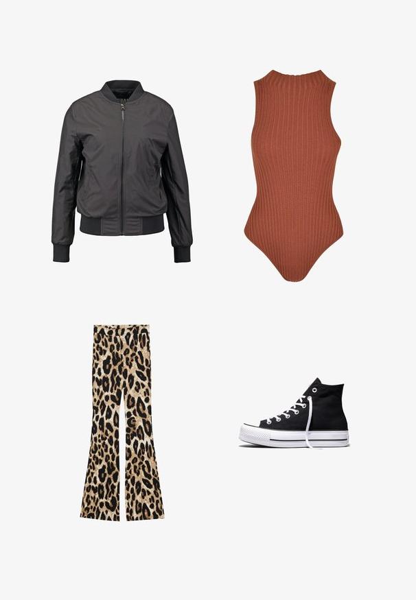 Schwarze Bomberjacke mit Reißverschluss vorne, gerippten Bündchen und Saum, glatter Textur und figurnahem Schnitt, mit seitlichen Taschen.; Rippender brauner Body mit hohem Kragen, ärmellosem Design und figurbetontem Schnitt. Hergestellt aus dehnbarem Material, ideal zum Darunterziehen.; Schlaghosen mit einem Leopardenmuster in Schwarz- und Brauntönen, gerippter Textur und hohem Taillendesign.; Schwarzer High-Top-Canvas-Sneaker mit weißer Gummisohle und weißen Schnürsenkeln, seitlich dargestellt vor weißem Hintergrund.