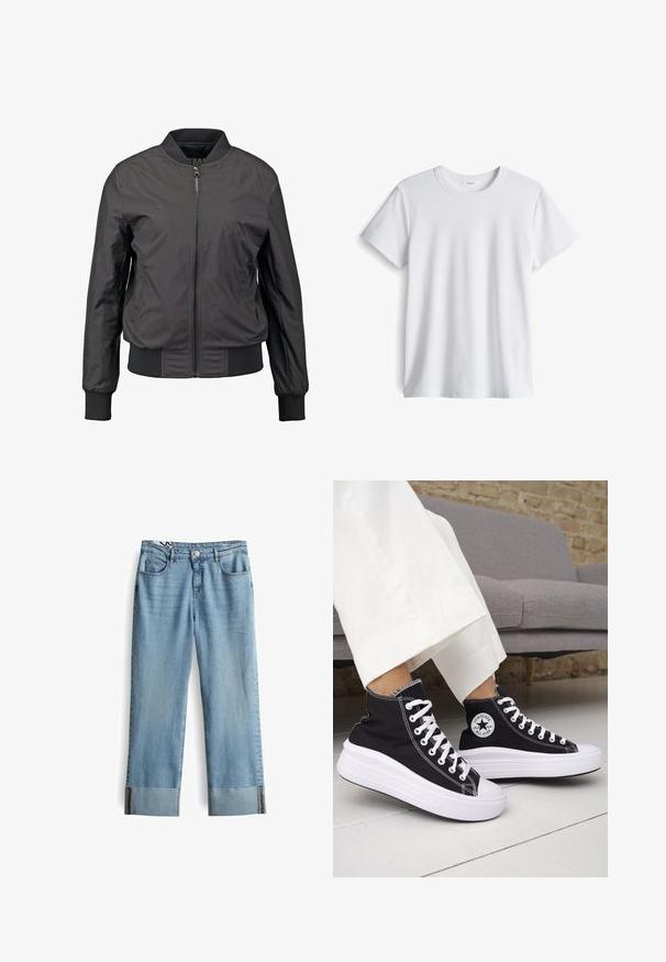 Zwarte bomberjack met een ritssluiting aan de voorkant, ribgebreide manchetten en zoom, een gladde textuur en een fitted silhouet, met zijzakken.; Witte katoenen t-shirt met een ronde halslijn en korte mouwen. Zachte textuur, rechte snit, geen zichtbare logo's of patronen.; Lichtblauwe spijkerbroek met een rechtotige snit, voorzien van een knoopsluiting, vijf zakken en wijde omgeslagen benen.; Zwarte hoge sneakers met witte rubberen zolen en veters. Voorzien van een ronde logo patch en contrasterende witte stiksels. Gemaakt van canvas.