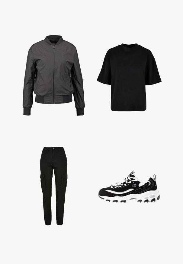 Chaqueta bomber negra con cierre delantero de cremallera, puños y dobladillo acanalados, textura suave y silueta ajustada, con bolsillos laterales.; Camiseta de algodón negra con cuello alto, mangas cortas y un ajuste suelto y cuadrado, sin patrones ni acentos visibles.; Pantalones cargo negros con cintura alta, bolsillos laterales con solapa, bolsillos delanteros, trabillas para cinturón, cierre con botón y puños elásticos.; Zapatilla deportiva en blanco y negro con parte superior de ante, cuello acolchado y suela ligera. Presenta un logotipo prominente y detalles de costura en contraste.
