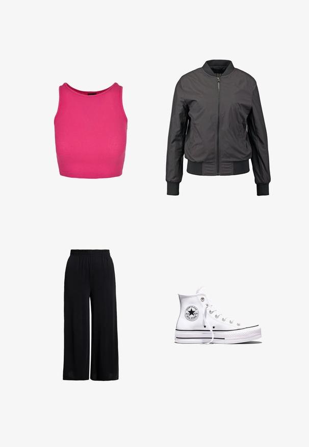 Veste bomber noire avec fermeture éclair à l'avant, poignets et ourlet côtelés, texture lisse et silhouette ajustée, dotée de poches latérales.; Top sans manches ajusté en tissu côtelé rose vif. Il présente un col rond et une coupe courte, avec des coutures lisses le long des bords.; Pantalon noir à jambes larges avec ceinture élastique, confectionné en tissu léger pour une coupe décontractée.; Baskets blanches montantes Converse Chuck Taylor All Star avec des rayures noires et un patch logo sur le côté, présentées sur un fond blanc uni.