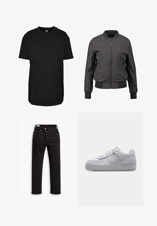 Veste bomber noire avec fermeture éclair à l'avant, poignets et ourlet côtelés, texture lisse et silhouette ajustée, dotée de poches latérales.; T-shirt noir à manches courtes avec col rond en taille XS, avec étiquette "Urban Classics" à l'intérieur du col.; Jean noir à jambe droite avec fermeture à boutons, poches avant et arrière, et détails en rivets cuivrés sur fond blanc.; Basket en cuir lisse gris Nike Air Force 1 avec un bout perforé, une semelle épaisse et un détail 'AIR' en relief sur le talon.