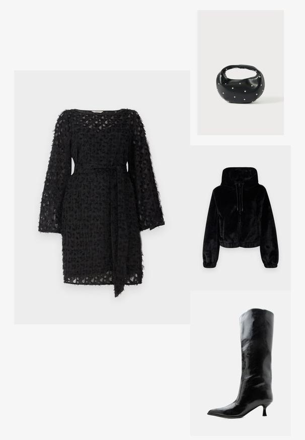 Chaqueta corta de pelo sintético negra con capucha, cremallera frontal, cordones y puños y dobladillo elásticos.; Vestido negro de tela texturizada con un patrón floral, mangas largas y un cinturón atado en la cintura.; Bota negra de cuero brillante hasta la rodilla con punta puntiaguda y tacón bajo curvado sobre un fondo claro y liso.; Bolso de mano de cuero negro con forma redondeada, decorado con detalles de tachuelas plateadas y un asa corta. Textura lisa y cierre con cremallera.