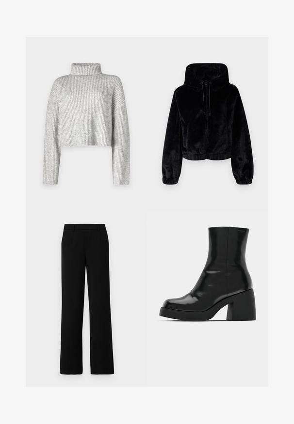 Sort cropped faux fur-jakke med hætte, frontlynlås, snoretræk og elastiske manchetter og kant.; Grå cropped sweater lavet af ribstrikket stof, der har en høj krave og lange ærmer, med en blød tekstur og subtil farvevariation.; Sorte vide bukser lavet af glat stof, med flad front, to sidelommer og en skræddersyet talje for et elegant udseende.; Sorte ankelstøvler med en blank finish, firkantet tå og en tyk blokhæl. Designet har en strømlinet silhuet og minimal branding.