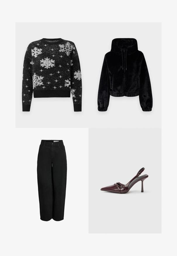 Veste en fausse fourrure noire courte avec capuche, fermeture éclair à l'avant, cordons de serrage et poignets et ourlet élastiques.; Pull noir avec des motifs de flocons de neige et d'étoiles blancs, fabriqué en tissu texturé, col rond, et ourlet et poignets côtelés.; Pantalons larges noirs en tissu de coton texturé, avec une fermeture à bouton, des passants de ceinture et quatre poches.; Escarpin slingback en cuir verni bordeaux avec bout pointu, fine bride à la cheville et petit détail décoratif de boucle. Texture lisse et talon haut.
