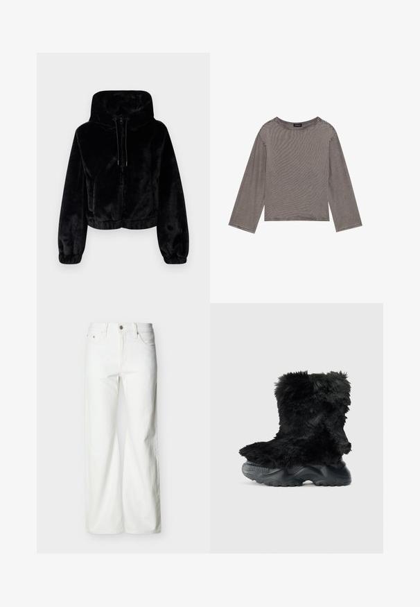 Sort cropped faux fur-jakke med hætte, frontlynlås, snoretræk og elastiske manchetter og kant.; Grå langærmet top lavet af letvægtsstof med en løs pasform, der har en rund halsudskæring og rå kantdetaljer.; Hvide jeans med høj talje og lige ben, med forreste knap, lynlåslukning samt sidelommer og baglommer, mod en ensartet lys baggrund.; Sort, fuzzy ankelstøvle med en struktureret overdel, der har en tykk sort gummisål og et mønster for greb og stabilitet.