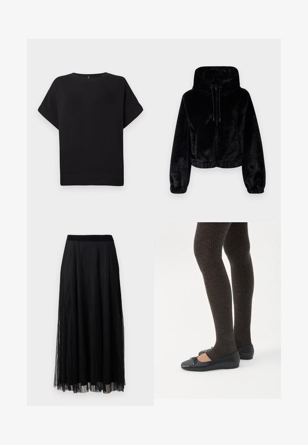 Zwarte gecropte nepbontjas met capuchon, voorkant ritssluiting, trekkoorden en elastische manchetten en zoom.; Zwarte short-sleeve t-shirt van zacht materiaal, met een ronde halslijn en een relaxte pasvorm, voorzien van een gestikte zoom en zonder zichtbare patronen.; Zwarte geplooide maxi rok met een textuurdesign, featuring een gladde tailleband en gelaagde sheer stof voor een vloeiende silhouet.; Benen met donkere geribbelde leggings gecombineerd met zwarte ballerina's met kleine strikdetails op een witte achtergrond.
