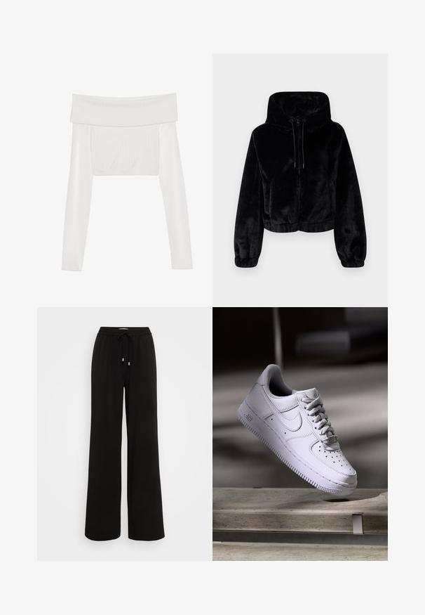 Sort cropped faux fur-jakke med hætte, frontlynlås, snoretræk og elastiske manchetter og kant.; Hvid af-shoulder cropped top med lange ærmer, ribbet tekstur på kroppen, glatte ærmer og elastisk bånd ved kanten.; Bredde sorte sweatpants lavet af blødt stof, med en elastisk talje og snøre samt metalender.; Hvid Nike Air Force 1 sneaker svævende over en betonoverflade med skygger i et minimalistisk miljø.