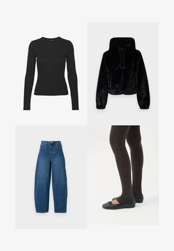 Sort cropped faux fur-jakke med hætte, frontlynlås, snoretræk og elastiske manchetter og kant.; Sort langærmet skjorte lavet af ribbet stof. Den har en rund halsudskæring og et tætsiddende design uden synlige mønstre eller accenter.; Denimjeans i en mellemblå vask, med højt liv, bred benpasform og standard fem-lomme design med synlige stikninger.; Ben iført mørke ribbede leggings kombineret med sorte balletsko med små sløjfedetaljer på hvid baggrund.