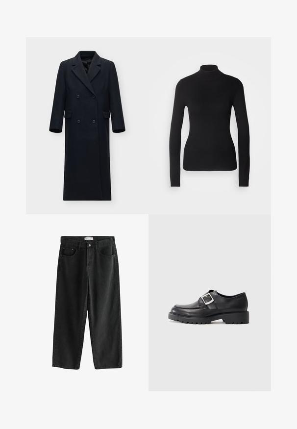 Lang sort dobbeltradet frakke med brede revers, to klaplommer og ærmer i fuld længde på en ensfarvet lys baggrund.; Sort turtleneck sweater lavet af let strikket stof. Har lange ærmer, et tætsiddende design og en blød ribbet tekstur.; Sorte denim bukser med brede ben og mellemhøj talje, der har to forlommer, en knappelukning og subtile syningsdetaljer.; Sorte lædersko med en rund tå, der har en sidebuckle-detalje og en tyk, robust sål. Glat tekstur med minimal syning.